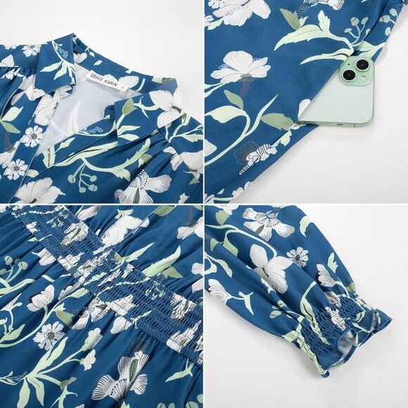 Women's Floral Midi Dress Long Sleeve V-Neck A-Line Pockets Casual Fall - Picture 5 of 5